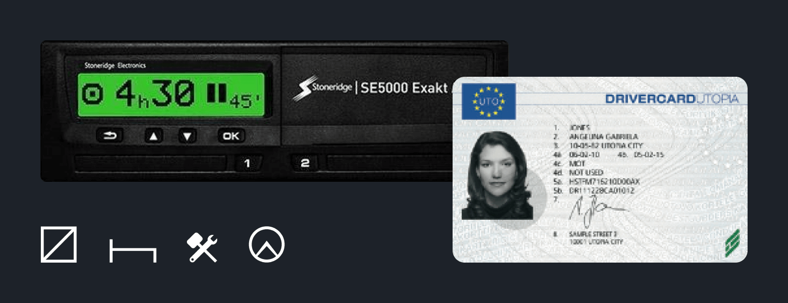 Image of digital tachograph, driver card, and icons