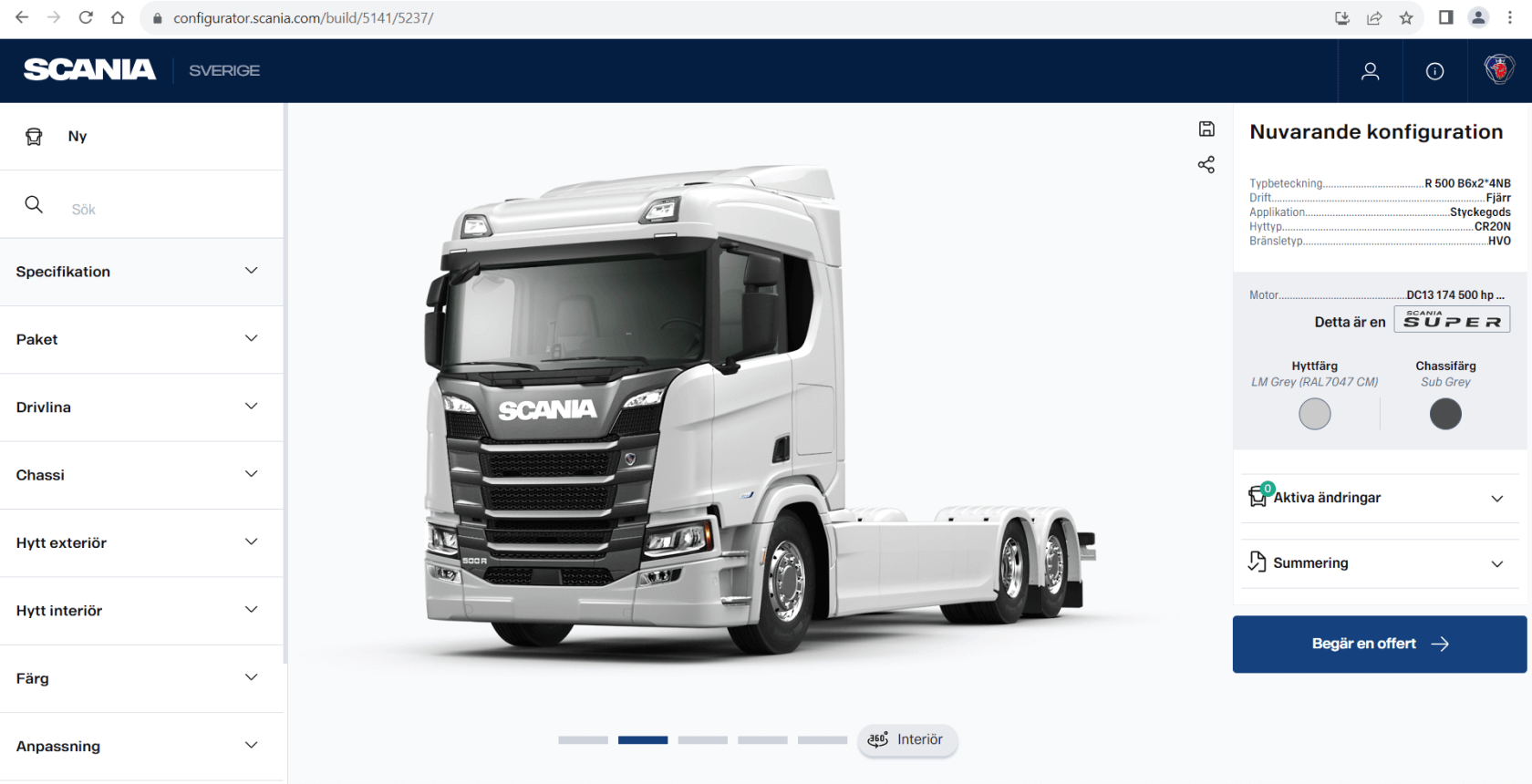 Screenshot of previous version of Scania Configurator to be redesigned.