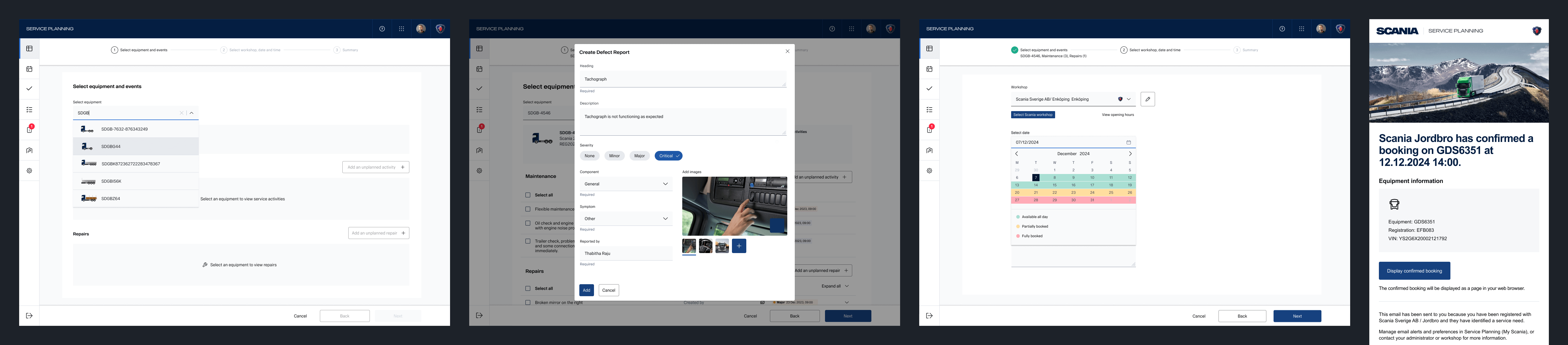 Screenshots of the Service Planning user flow, including booking a service and confirmation email.
