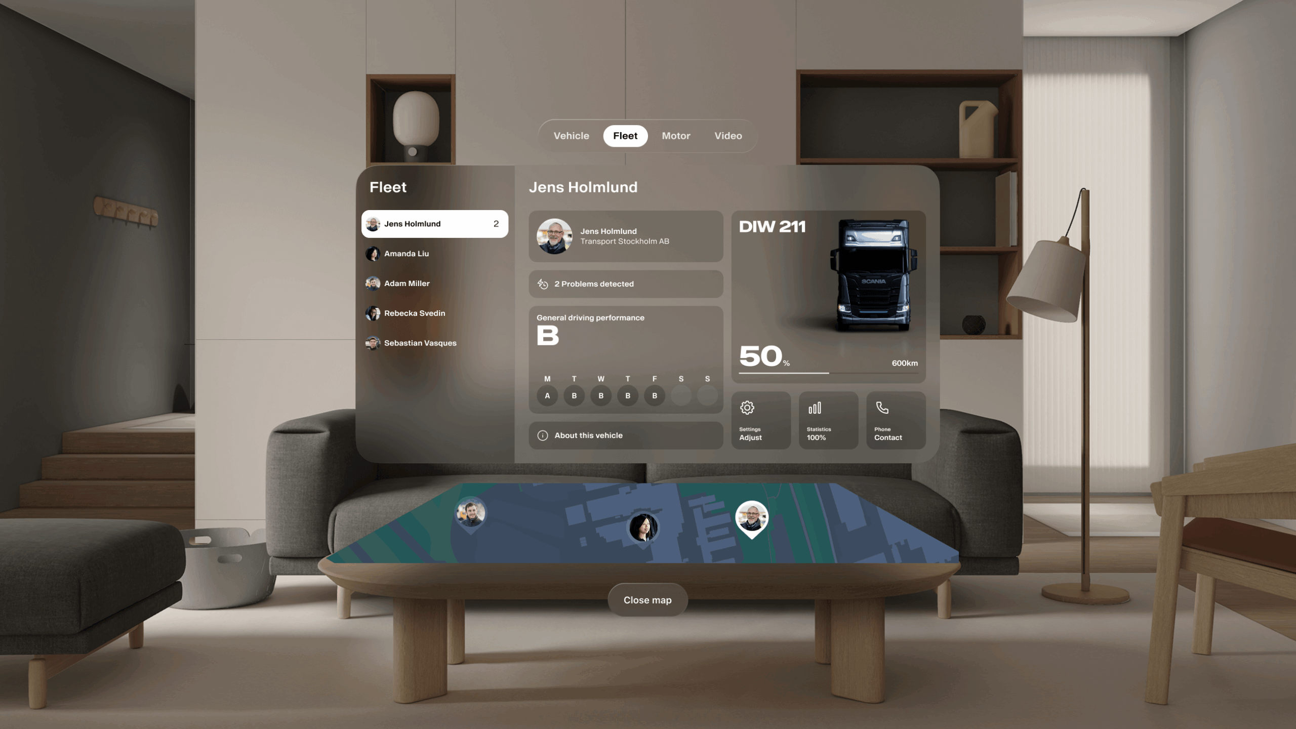Screenshot from a Scania XR application showing a living room, with UI elements (including a map) displayed in the foreground.