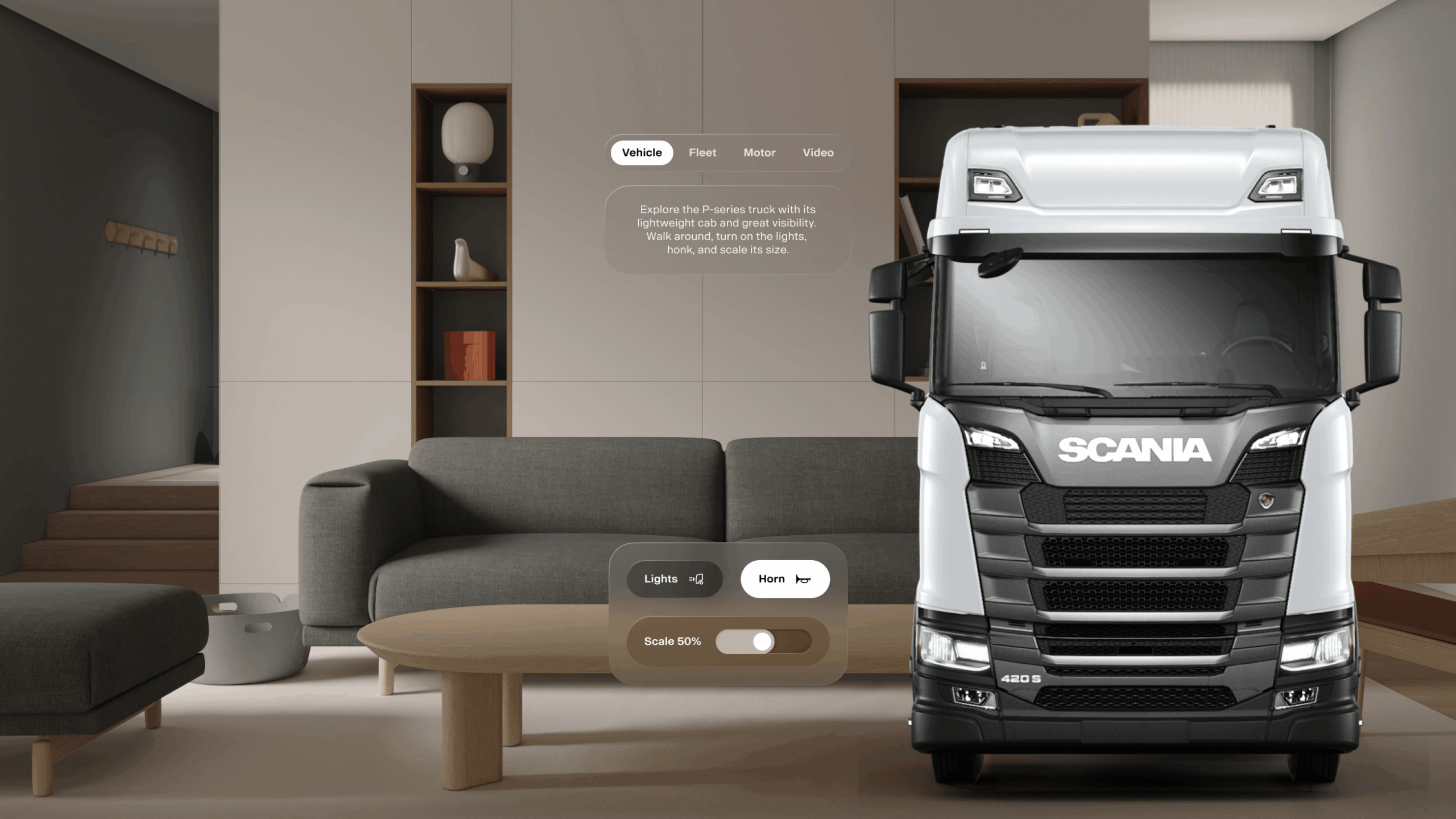 Screenshot of a Scania XR application, showing a virtual truck in a living room setting.