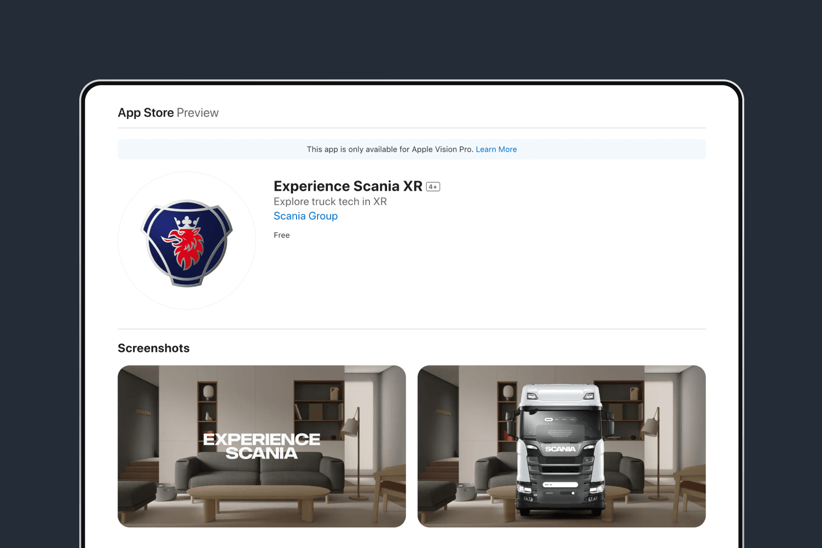 A screenshot of the Experience Scania XR app in Apple's App Store.