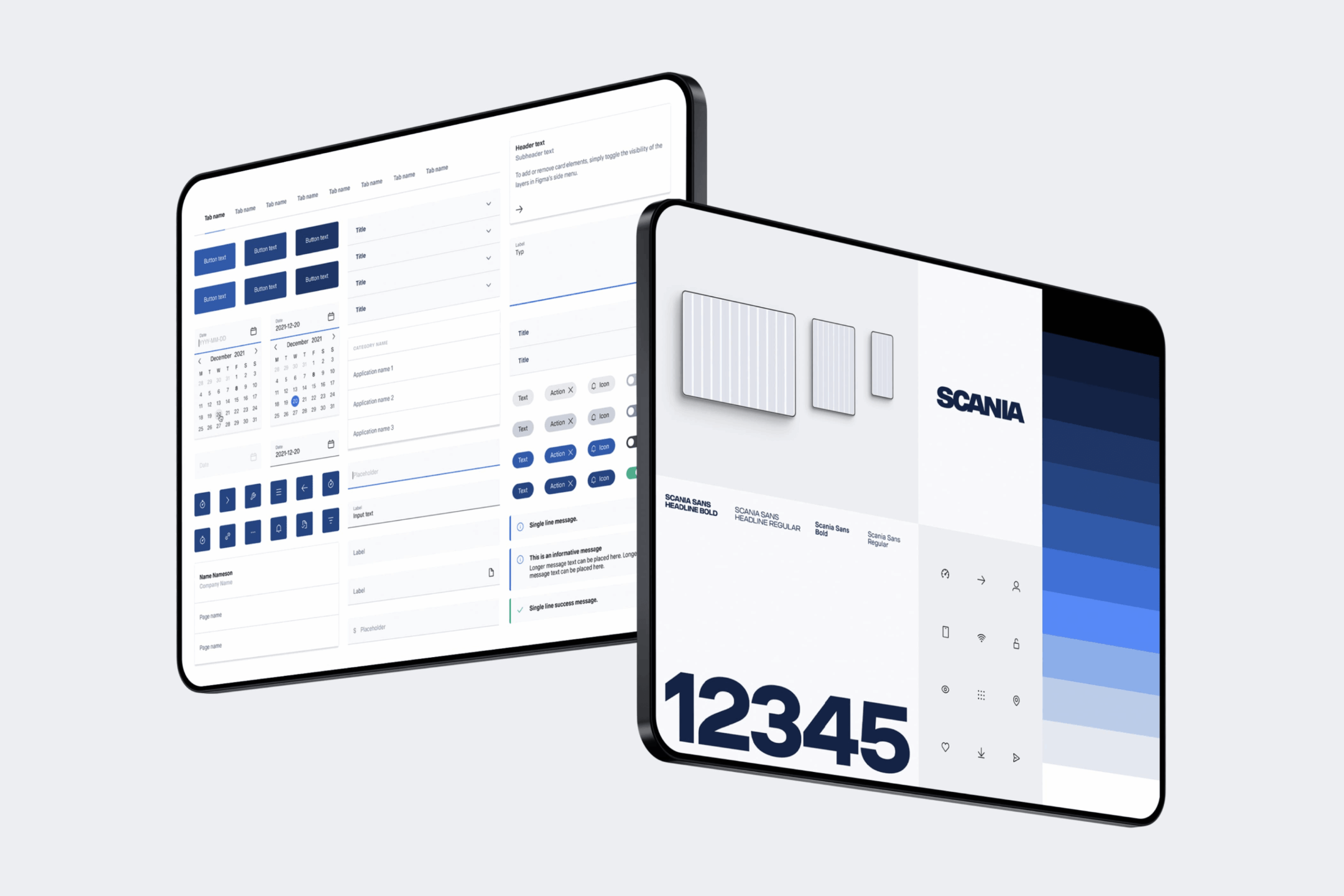 Two tablets displaying Tegel Design System components.