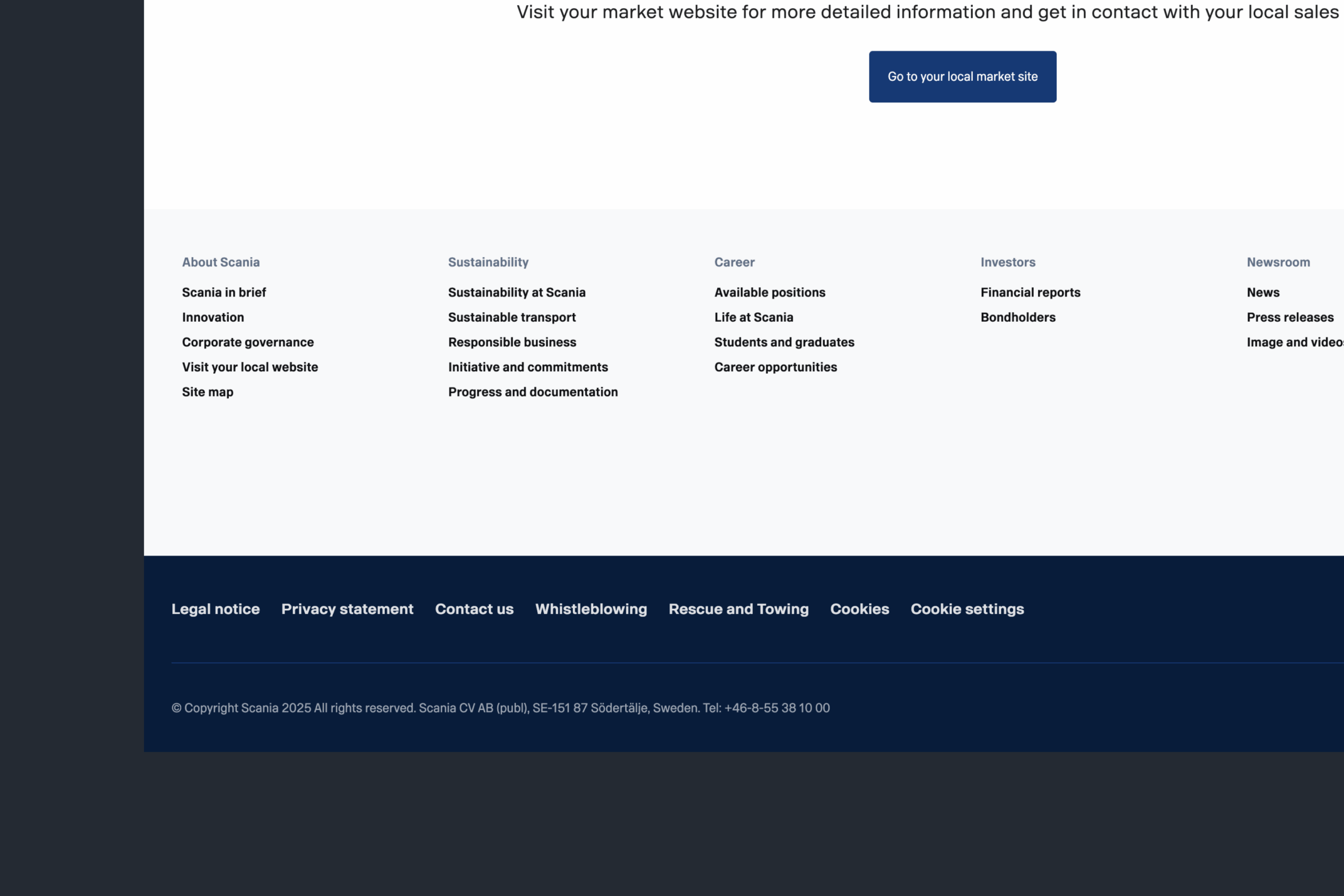 Cropped screenshot of the Scania.com footer displaying links.