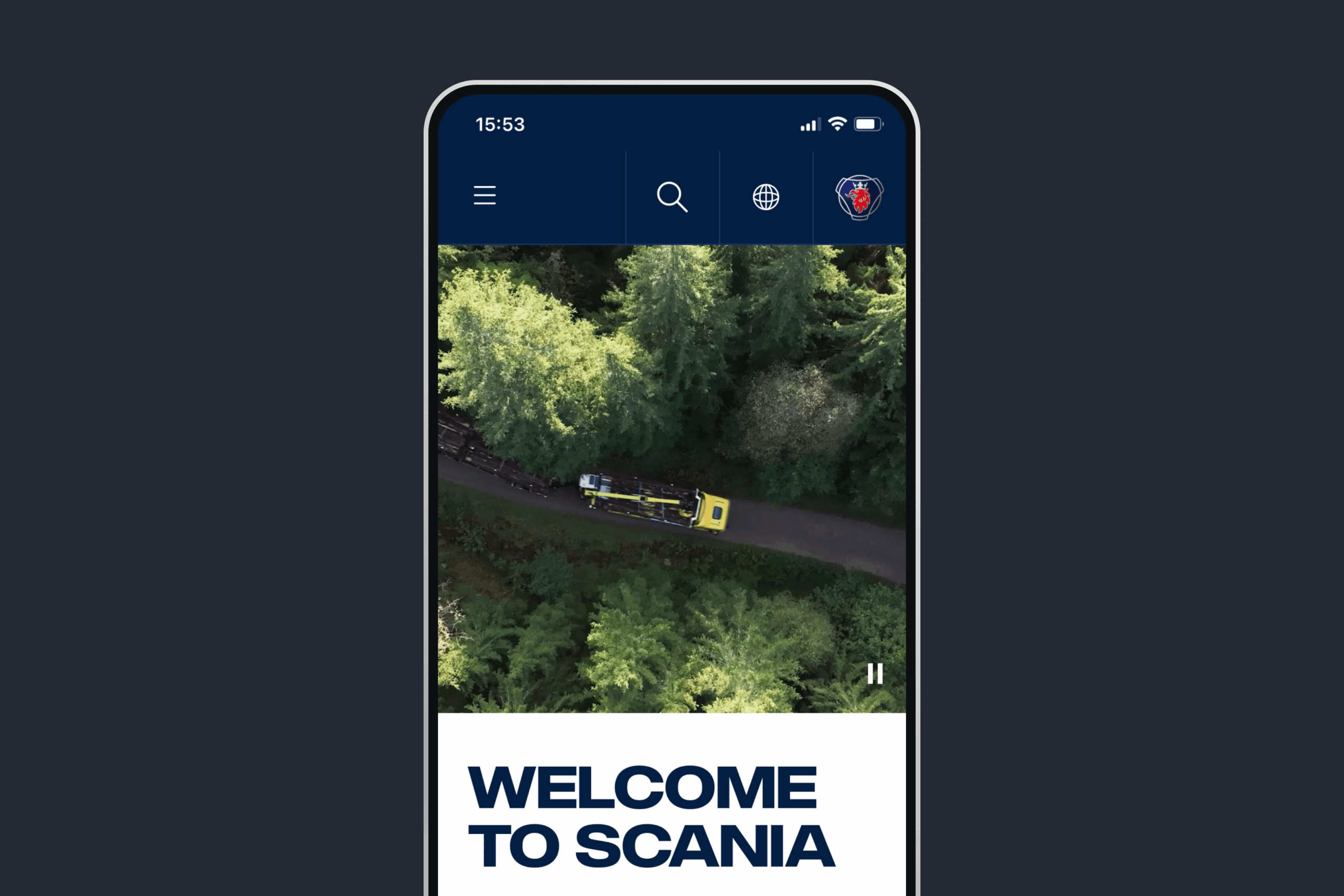 Scania.com displayed in a mobile web browser.